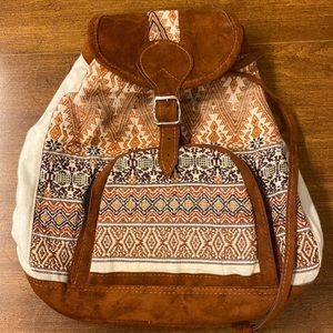 Guatemalan Cream Backpack / Aztec Pattern / Cream orange, and brown / Drawstring
